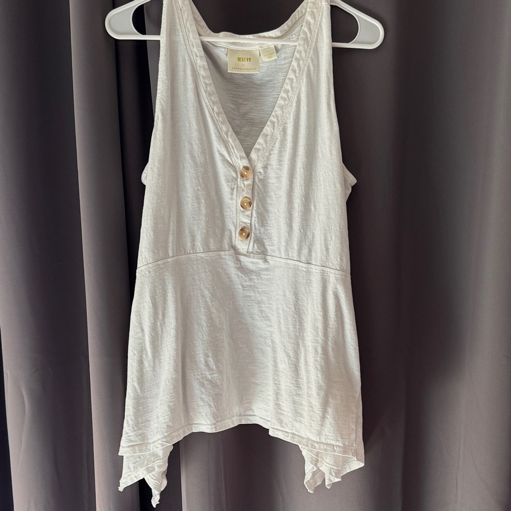 Maeve by Anthropologie White V-Neck Tank with Button Detail